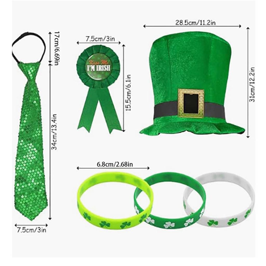 Saint Patricks Day Hat Necktie Bracelets Badge Pin Set for Party Festive Props Sequins Saint Patrick's Day Headdress