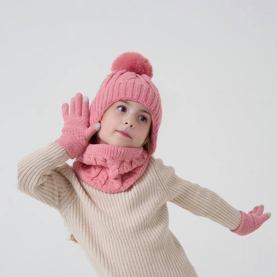 3Pcs/Set Kids Hat Scarf Gloves Set Colorful Twist Texture Hat Thickened Plush Lining Neck Gaiter Knitted Gloves Set