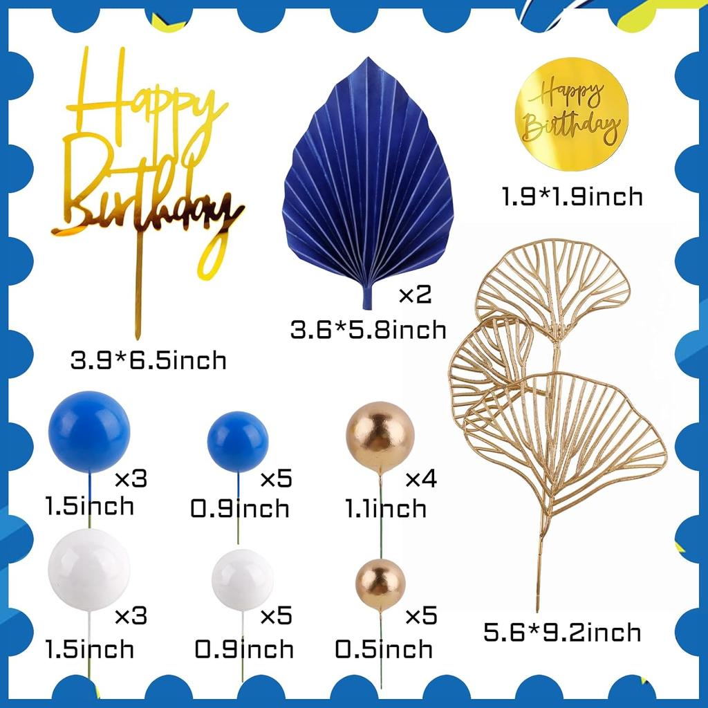 Blue White Gold Ball Cake Toppers Balls Cupcake Toppers Cake Insert Decorations for Birthday Boho Wedding Baby Shower Party