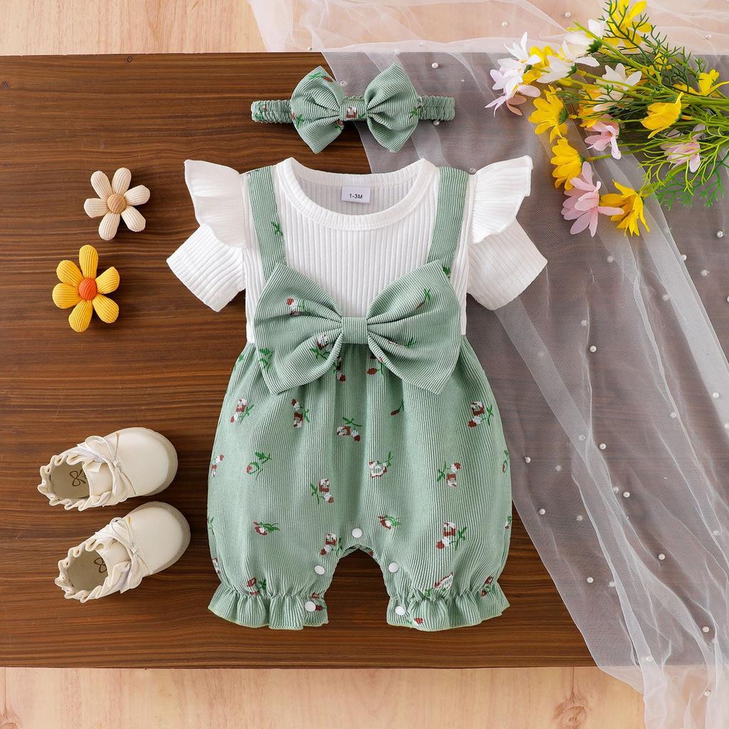 Baby Girl Bowknot Suspender Romper Set Toddler Two Piece Outfit Infant Short Sleeve Ribbed T-Shirt with Floral Print Overalls and Headband