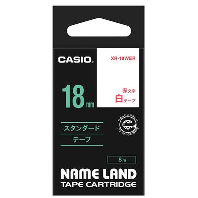 Genuine Casio Name Land Label Printer White with Red Tape, 18mm, XR-18WER, Lettering.