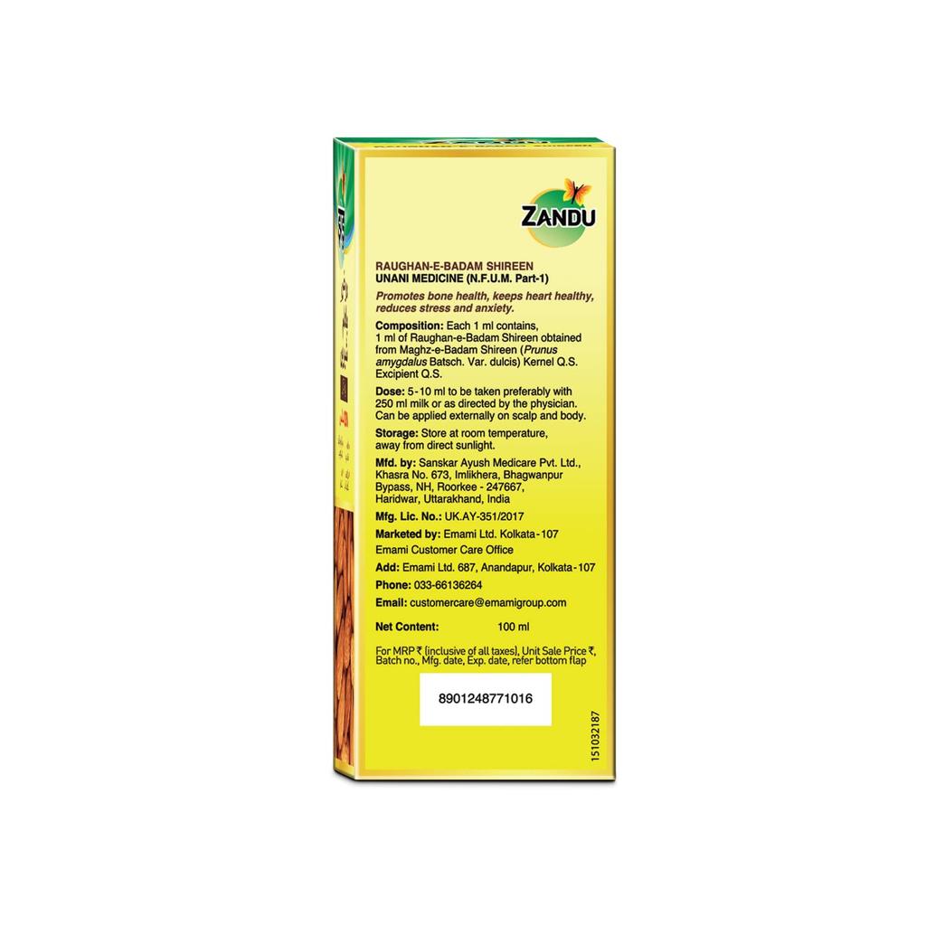 Zandu Raughan-E-Badam Shireen Sweet Almond Oil 100ml Pack of 1 for Skin Hair Energy and Wellness