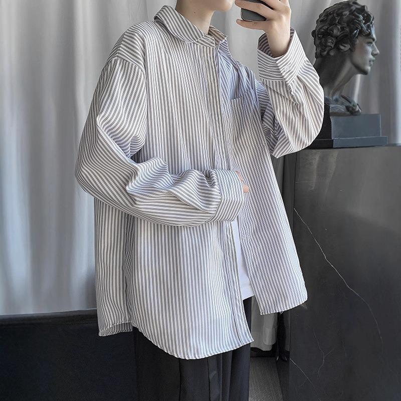 Japanese blue and white striped long-sleeved shirt men's new summer casual white shirt high-end jacket