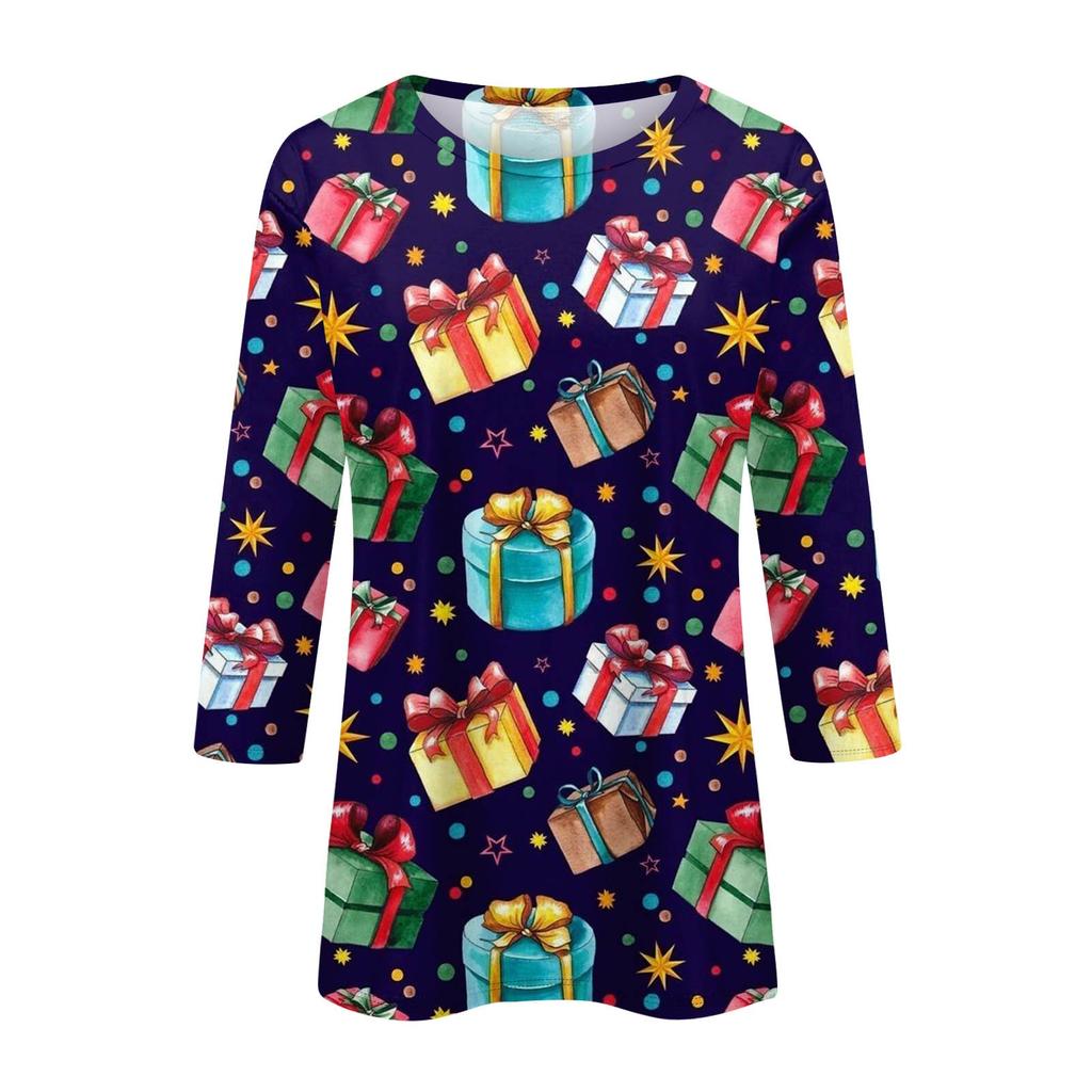 Damenmode, lässiges Oberteil mit sieben Ärmeln und Weihnachtsdruck, Rundhalsausschnitt