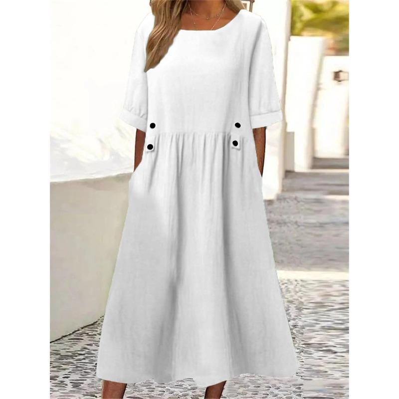 

Loose Fit Midi Dress Double Pockets Button Decoration Round Neck Short Sleeve Summer Boho Workwear Dress S