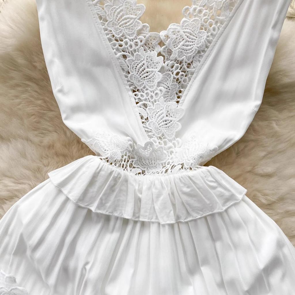 Summer Holiday Flower Embroidery Patchwork White Tank Long Maxi Dress Women's Sleeveless V Neck Lace Trims Hollow Out Beach Robe