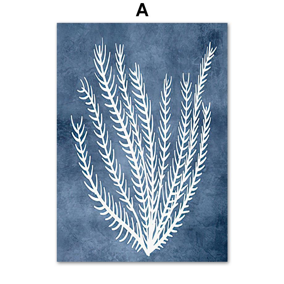 Marineblaue Meereskorallen-Algen-Wand-Kunst-Leinwand-Malerei, nordische Poster und Drucke, Strandhaus-Wandbilder für Wohnzimmer-Dekor