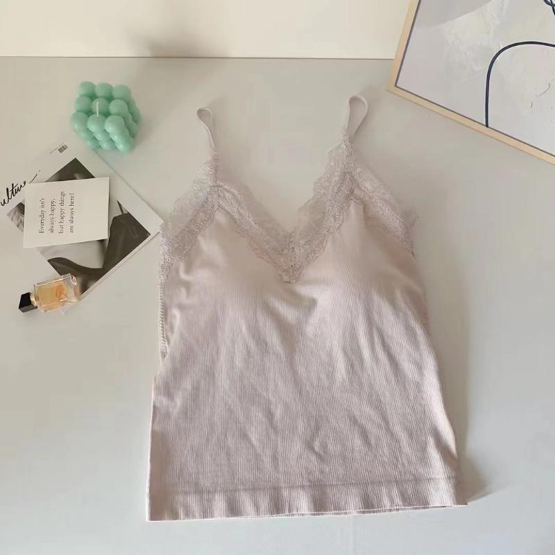 Seamless Lace Trim Camisole with Built In Bra Slim Fit for Summer Style