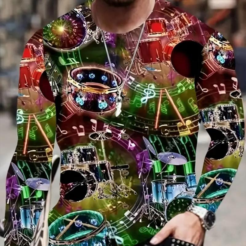 Personalized Skull Print Men's Tshirts Long Sleeve Tees Round Neck Casual Pullover Men's Clothing Plus Size