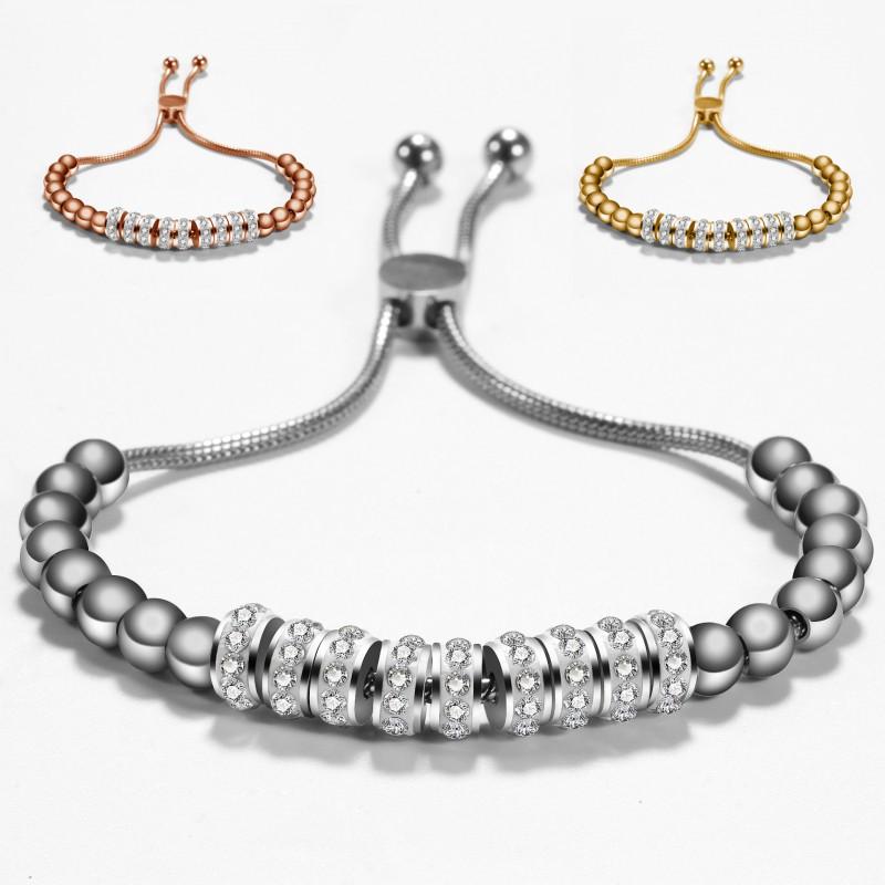 Adjustable Stainless Steel Beaded Bracelet With Rhinestone Accents Minimalist Geometric Design Women Men