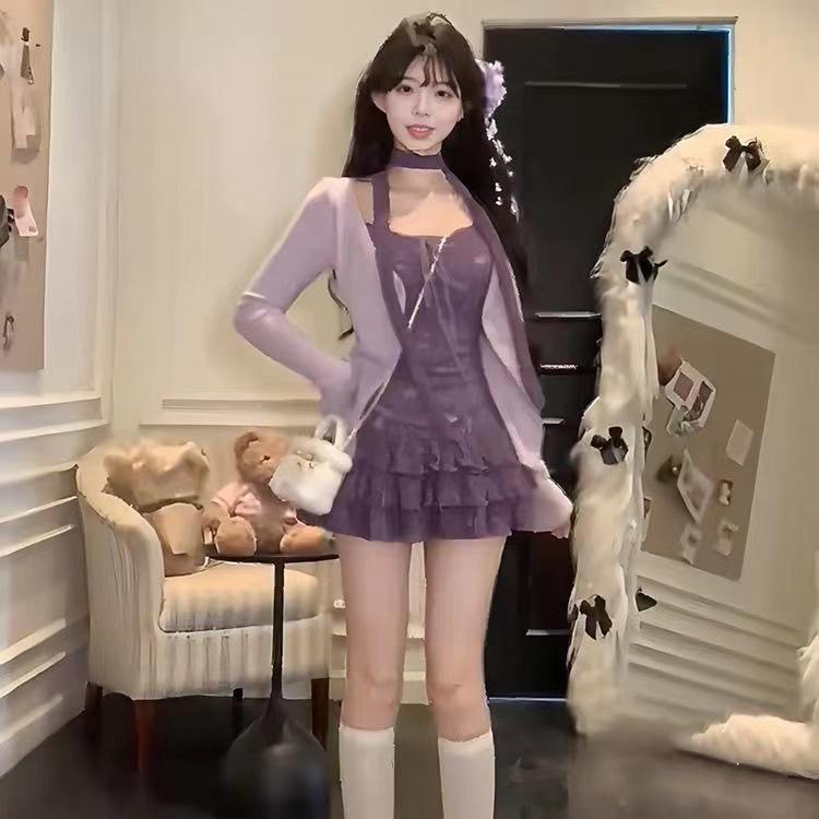 Spice Girl Purple Spring and Summer Two Sweet and Spicy New Knitted Design Skinny Cardigan Half Skirt Top