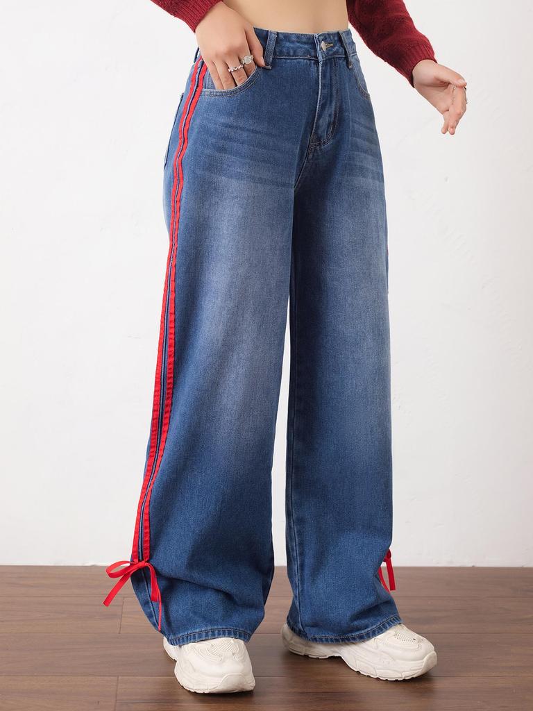 Womejeans Women's High Waist Patchwork Stripe Jeans - American Design, Spring/Summer, Loose & Slimming Fit