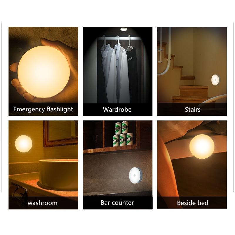 6 LEDs PIR Motion Sensor Night Light Auto On/Off for Bedroom Stairs Cabinet Wardrobe Wireless USB Rechargeable Wall Lamp