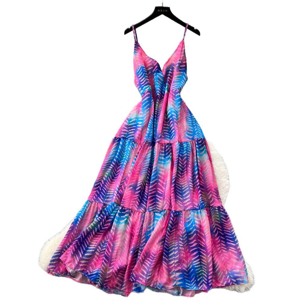 Vacation Style V-neck Neck Suspender Dress Women's Summer Sleeveless Sexy Waist Thin Printed Dress
