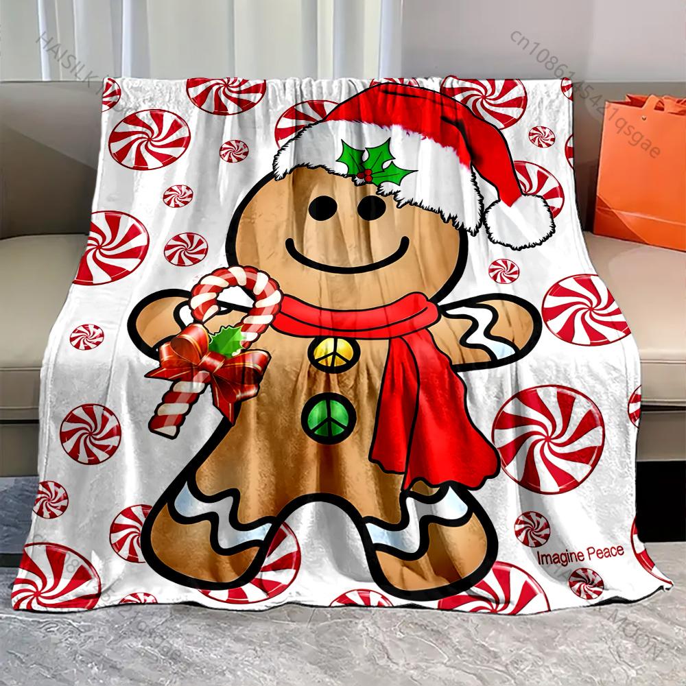

Gingerbread Man with Peppermint Background Pattern Blanket Flannel Material Soft Warm for All Seasons,For Home Camping Picnics 75x90cm