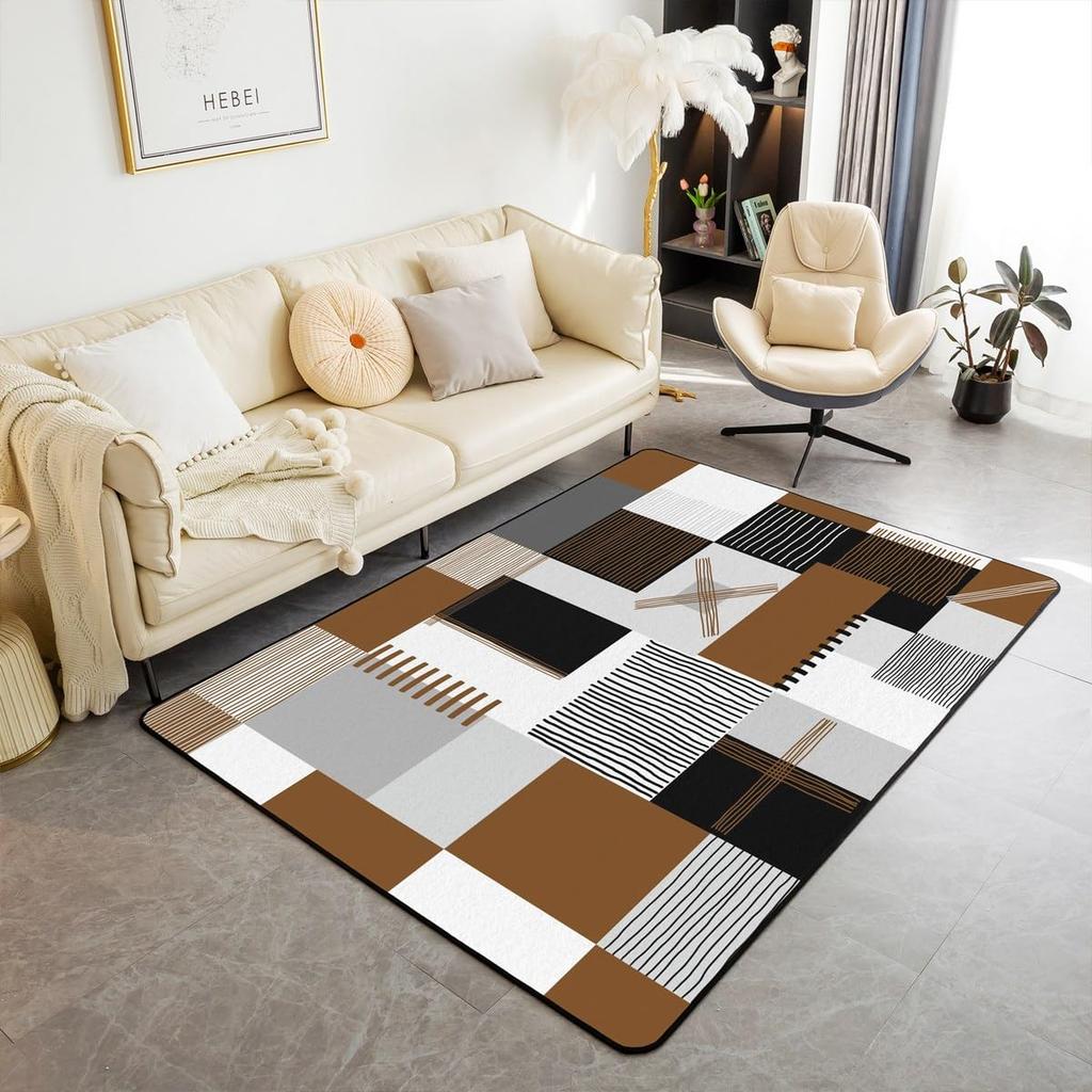 Modern Abstract Curve Print Area Rug, Black Pink & White Design Non-Slip Floor Mat for Living Room Bedroom Home Decor Carpet
