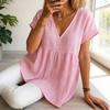 Women Tops V-Neck Short Sleeve Ruffle Splicing Hem Pullover Tops Pure Color Loose Fit