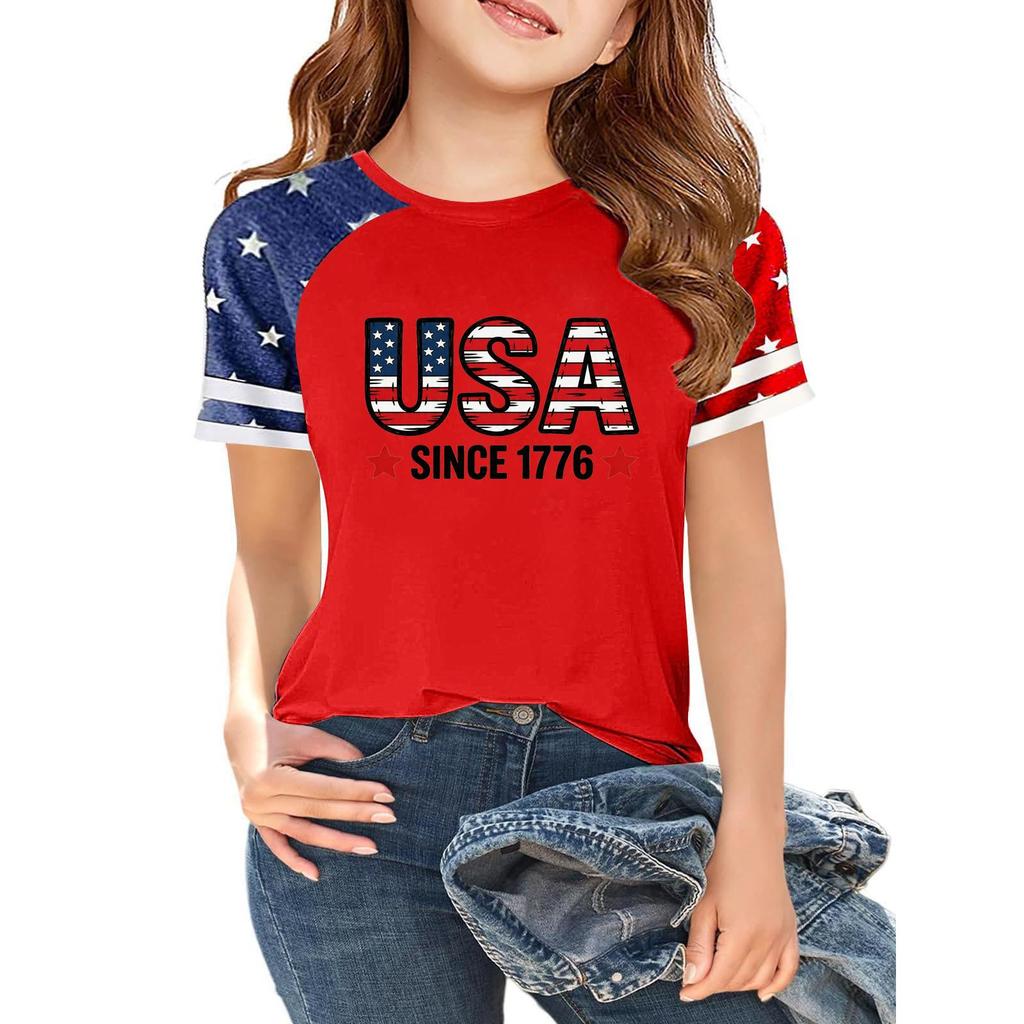 Kids Independence Day T-Shirt USA Print Short Sleeve Casual Crew Neck Top Patriotic Graphic Tee for Boys Girls Summer Wear