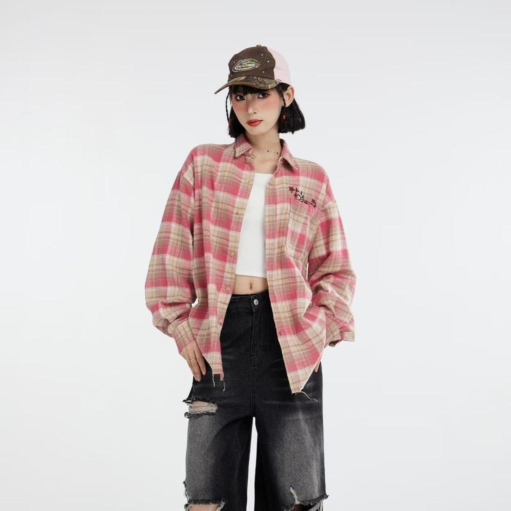 2025 Trendy Unisex Plaid Long Sleeve Hip Hop Shirt with Embroidered Tassels