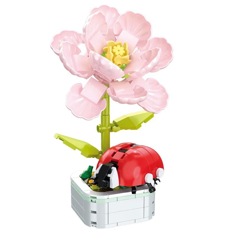 Butterfly Insect Potted Plant Bonsai Flower Block Rose Decoration DIY Mini Building Block Figure Plastic Toy Gift Kids Girls