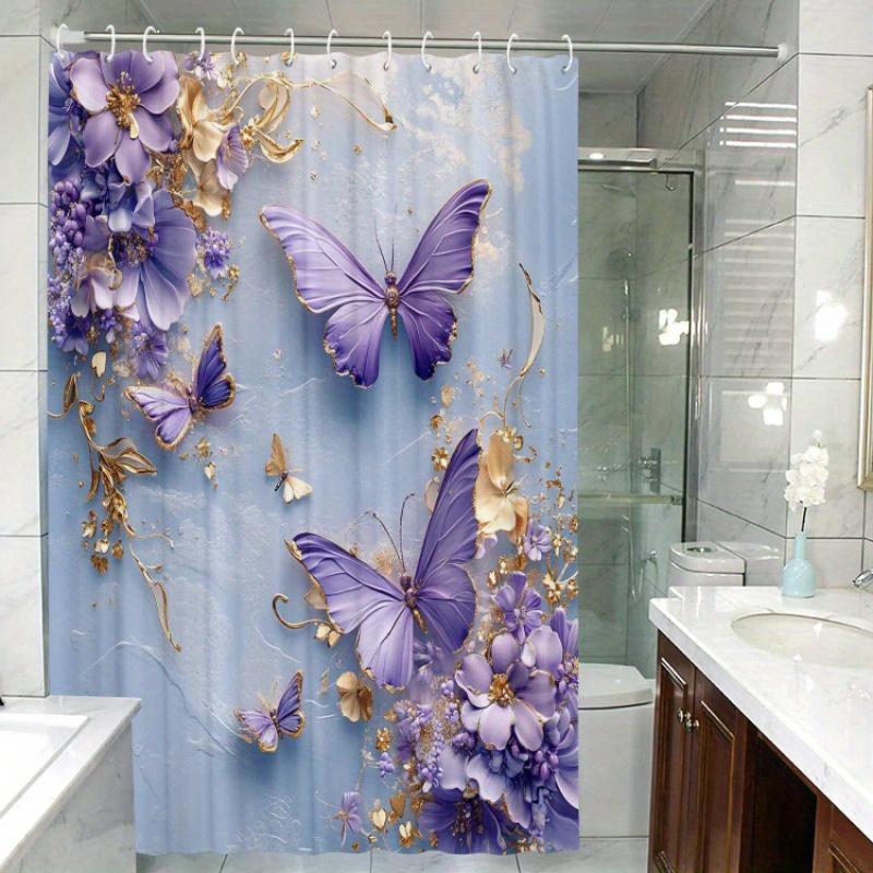Water-Resistant Non-Woven Shower Curtain - Butterfly & Floral Design, 12 Hooks, Machine Washable, Home & Hotel Bath Decor