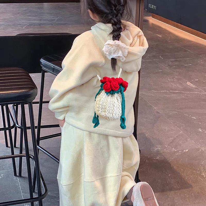 Woven Textile Rose Flower Bucket Bag With Inner Card And Phone Compartments For Casual Style