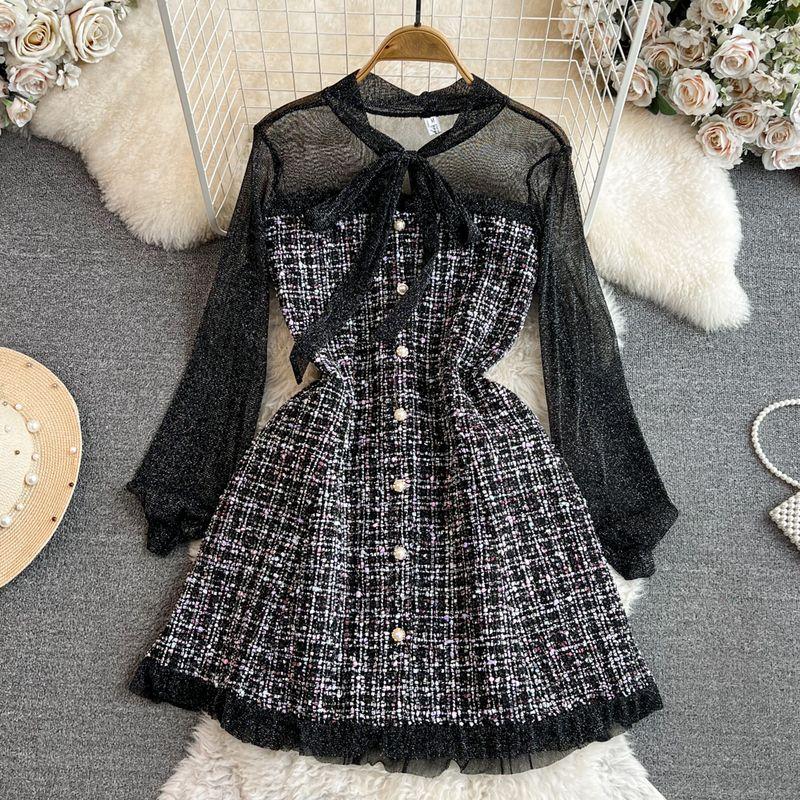 

Fall and Winter Socialite A- line Tweed Dress Mesh Black S