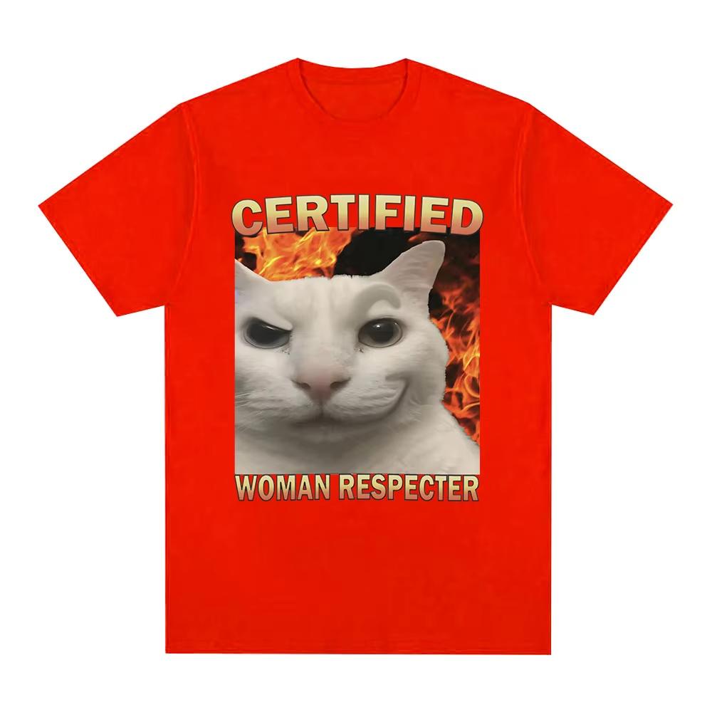 2026 SpringSummer Certified Feminine Respecter Funny Cat Emoticon Mens and Womens Fashion Retro TShirts