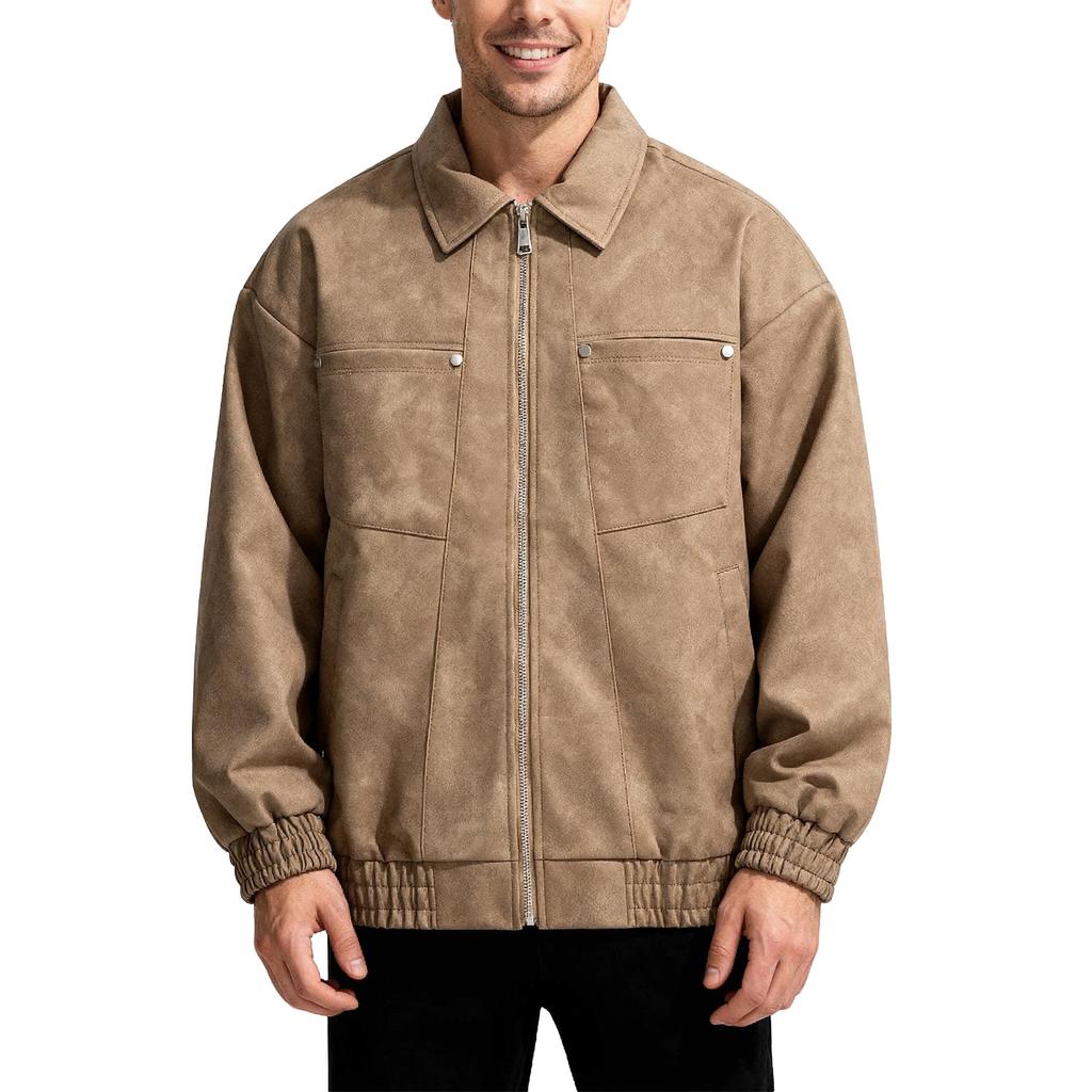 Men's Suede Jacket Oversized Retro Streetwear Zip Up Faux Leather Coat With Turn Down Collar