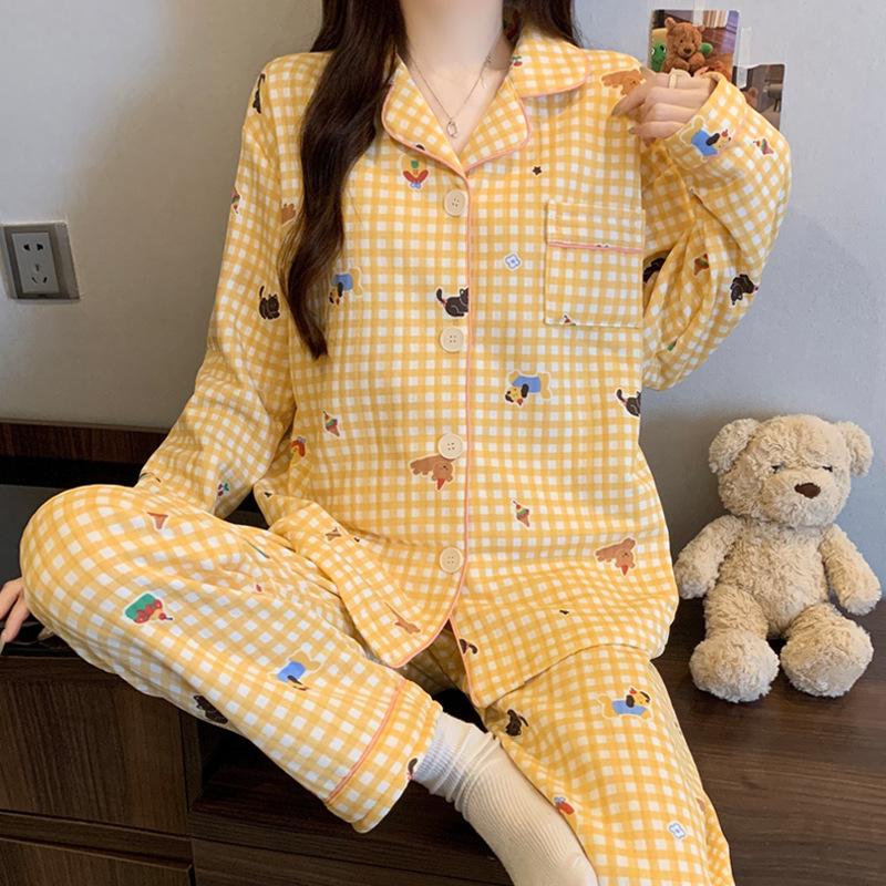 Air cotton pajamas women's autumn and winter long sleeves thickened interlayer warm stars cat student loungewear real shot