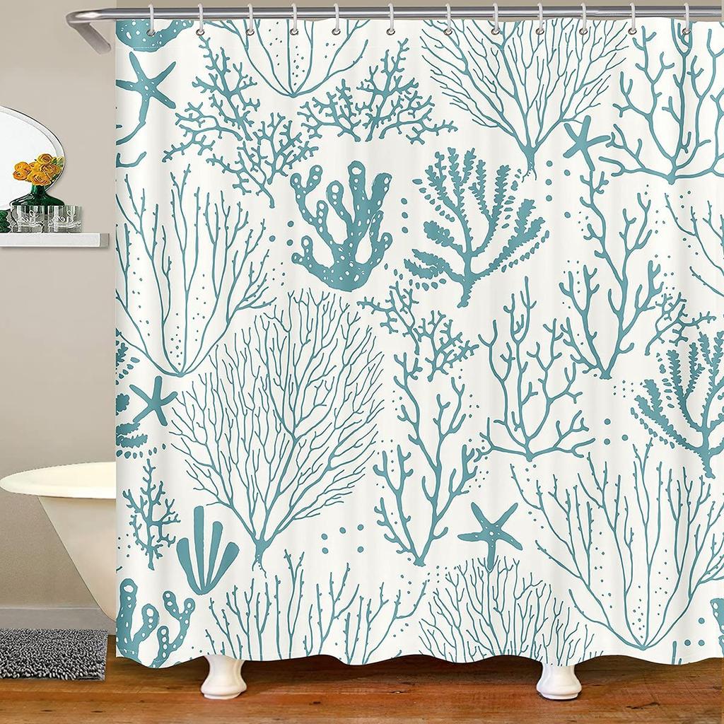 Nautical Coastal Shower Curtain,Beach Ocean Theme Shower Curtain for Bathroom Decor,Summer Tropical Coral Bath Curtain with Hook