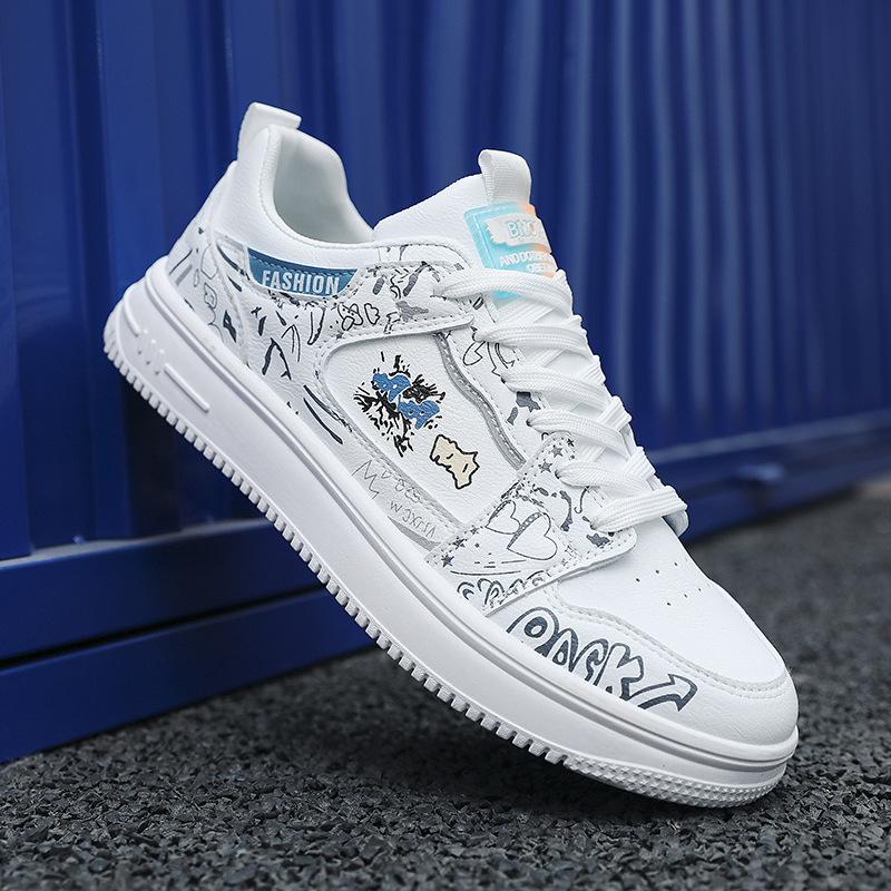 

2025 весна новые кожаные мужские туфли граффити гонконгский стиль белые туфли спортивные дышащие удобные повседневные модные туфли для мужчин 44 белый