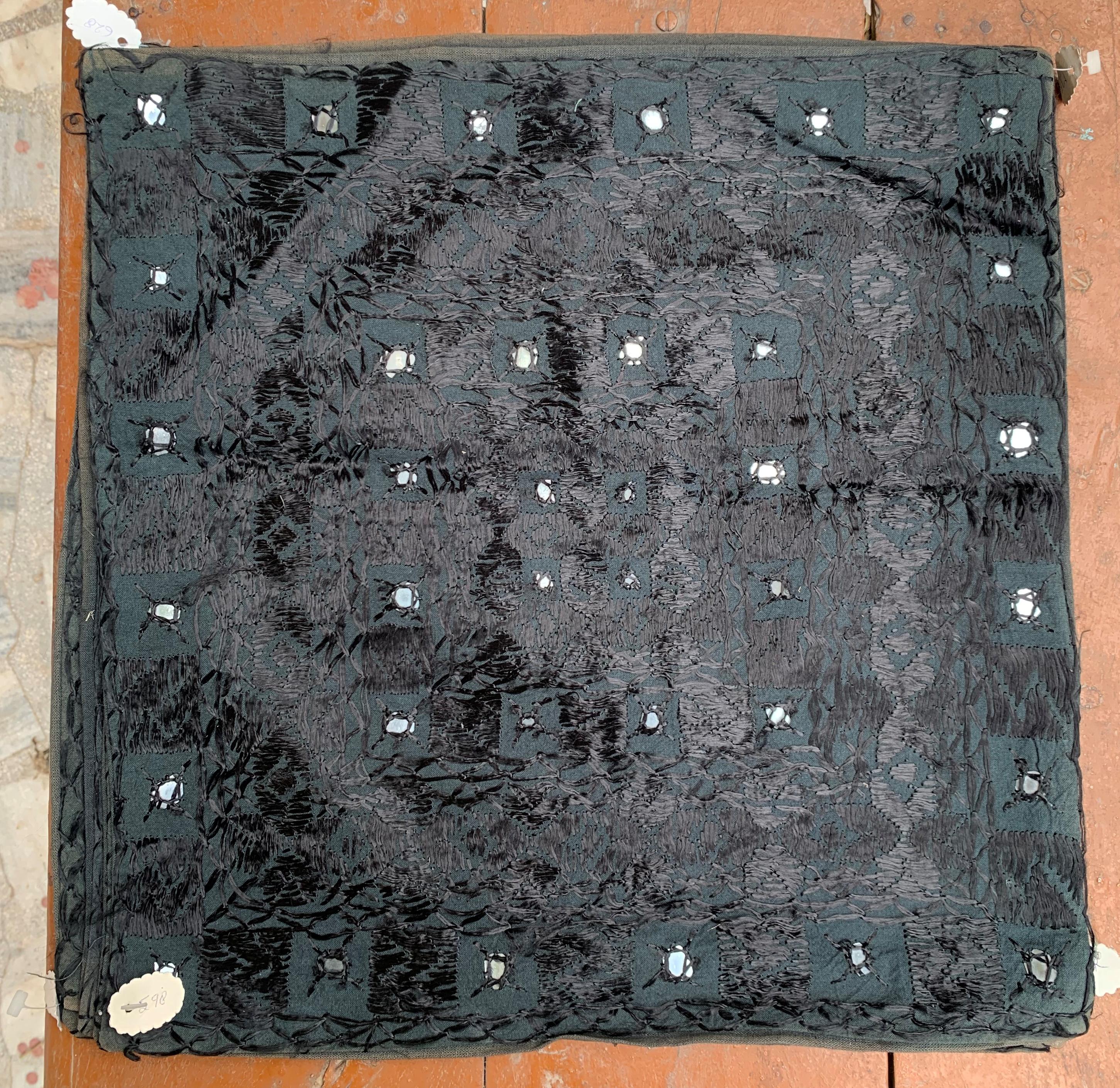 Old Stock Black Hand Embroidered Cushion Cover with Mirror Work 40 x 40 cm ( l x h ) approx.