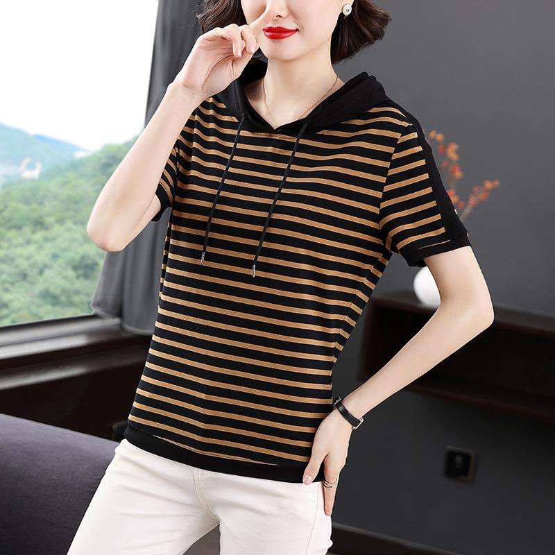 

Женские хлопковые модные летние футболки с капюшоном, женские черные, белые, полосатые футболки с коротким рукавом, женственные свободные топы 5XL 3XL верблюд