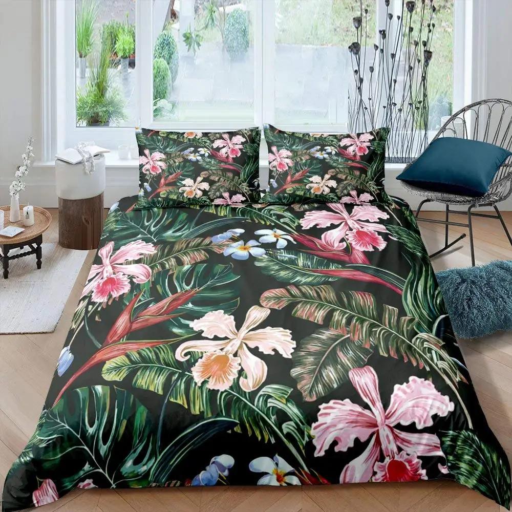Palm Leaf Duvet Cover Realistic Vivid Leaves Of Palm Tree Growth Ecology Botany Themed Print Queen Size Fern Green White Room