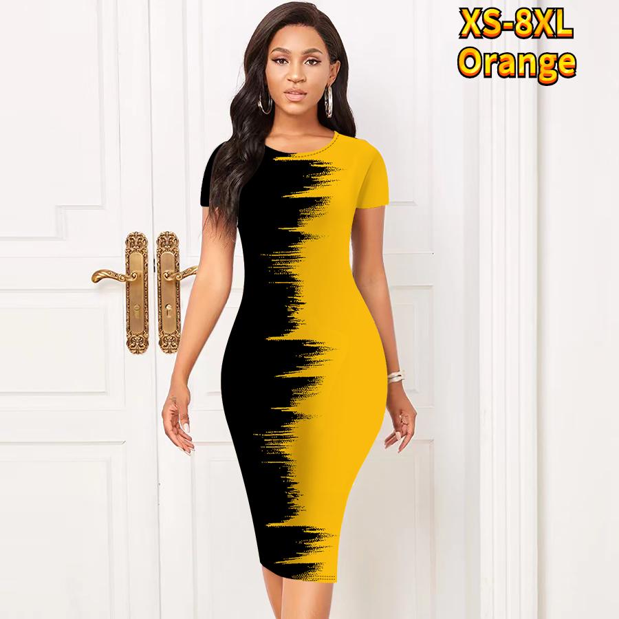 Slim Short Sleeve Knee-length Dress Fashion Women Midi 3D Waterfall Print Dress