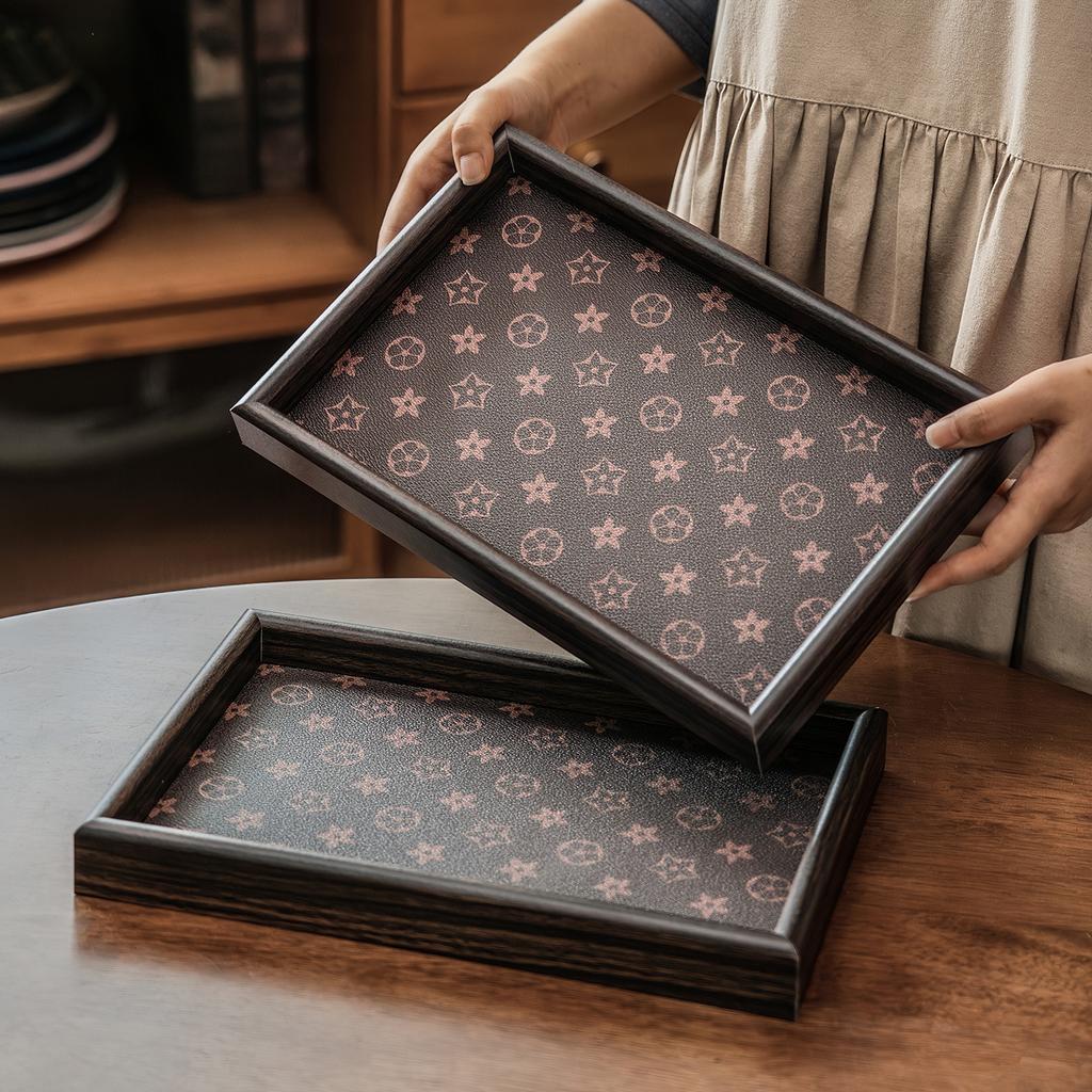 Wooden Tray Light Luxury Living Room Desktop Jewelry Storage Tray Leather Material Retro Desktop Display Plate