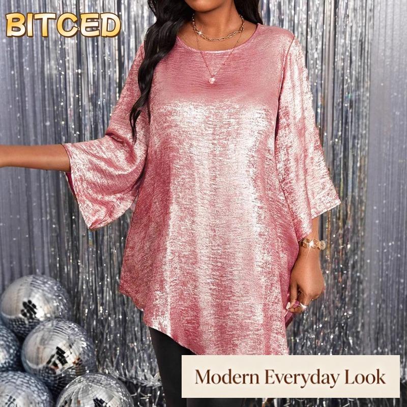 BITCED Women's Fashion Casual Solid Color Print 3/4 Sleeves O-Neck Blouses & Shirts