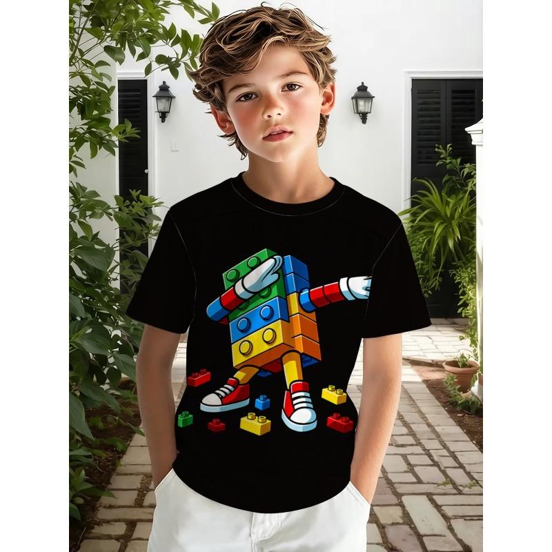 Boys Crew Neck Short Sleeve T-Shirt with Building Blocks Cartoon Robot Print 110 чёрный