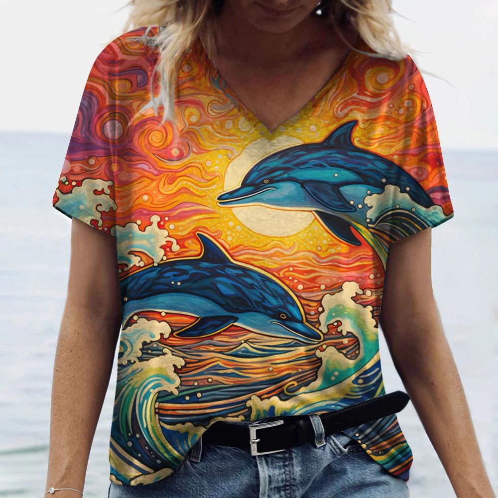 Women's Dolphin Print T-shirt V-neck Top Retro Aesthetic Clothing Oversized Funny Loose Fashion Novelty T-shirt