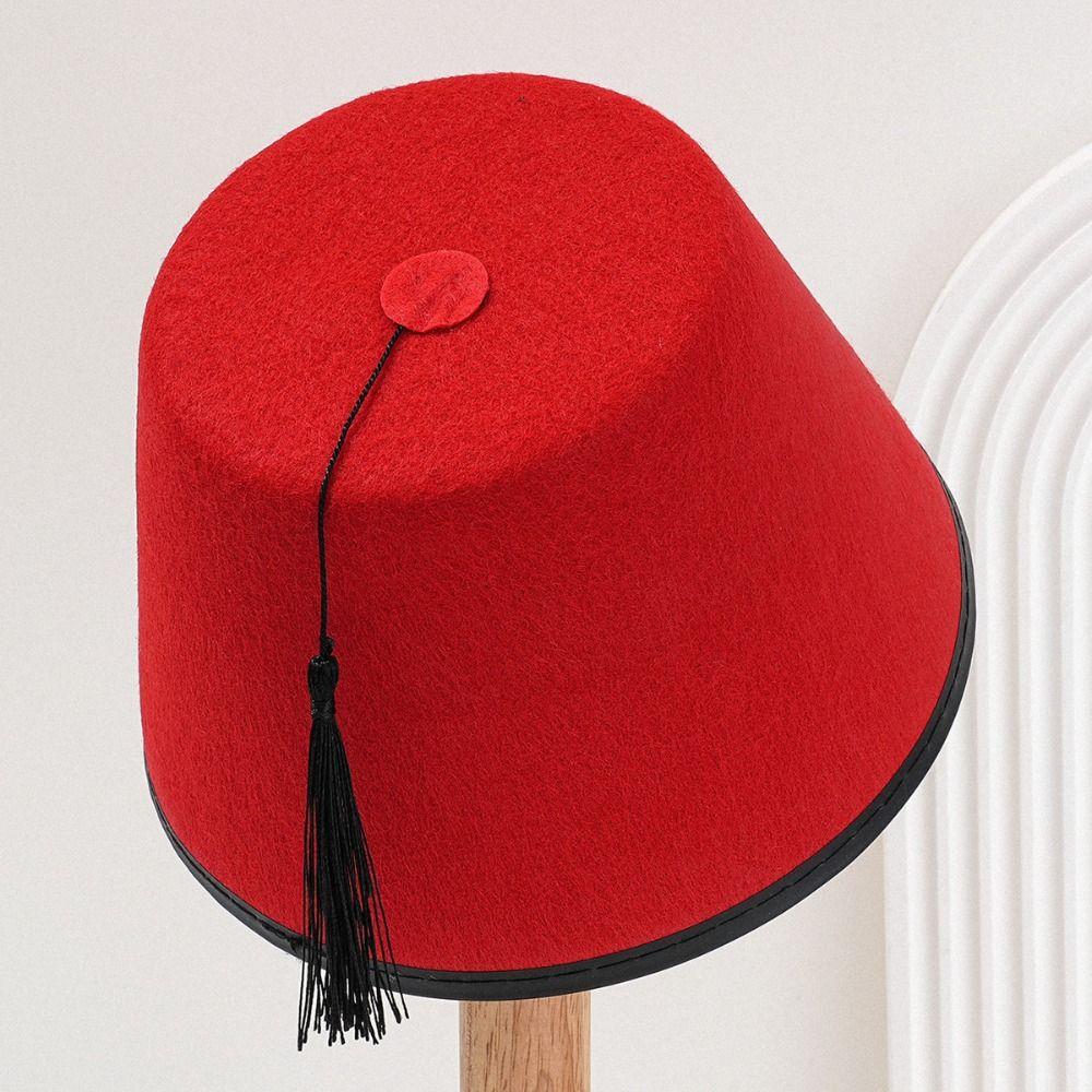Costume Accessories Round Felt Fez Cap Moroccan Hat Red Color Tarboosh Fez Hat Ottoman Breathable Turkish Tassels Cap Party Hat