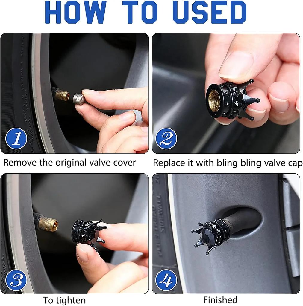 4 ks Čepičky ventilků pneumatik Korunka Bling Křišťálové kamínky Univerzální Chromovaná Korunka Krytky ventilků pneumatik pro vozidla Autodoplňky
