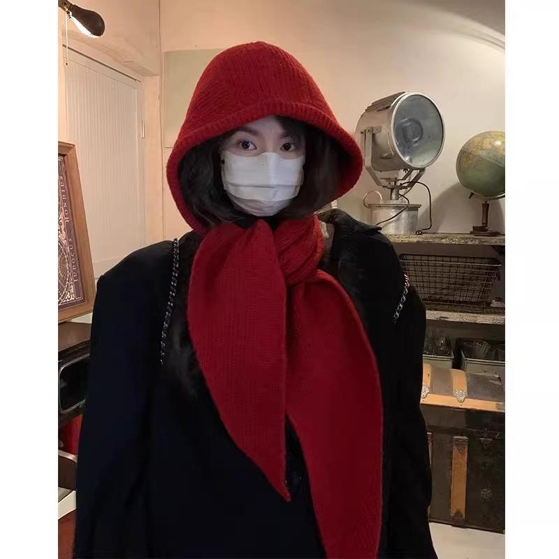 Contains wool fashionable retro balaclava hat women's autumn and winter warm hat scarf integrated new 2025