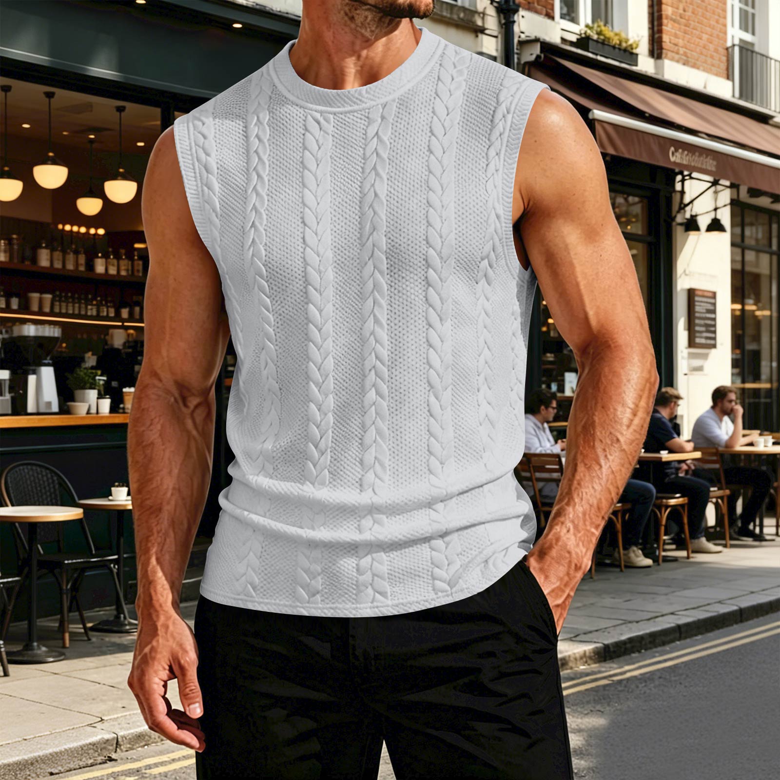 Ärmellose Rundhals-Weste für Herren, Zopfmuster, Leichter Pullover-Top für Frühling und Sommer, Freizeitkleidung S brown
