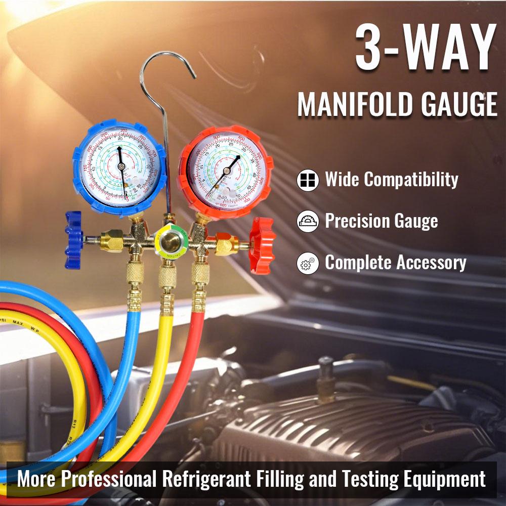 Refrigerant Manifold Gauge Set with Hose Hook for R410A R22 R404A R134A Charging - Professional AC Diagnostic Tool with Hoses