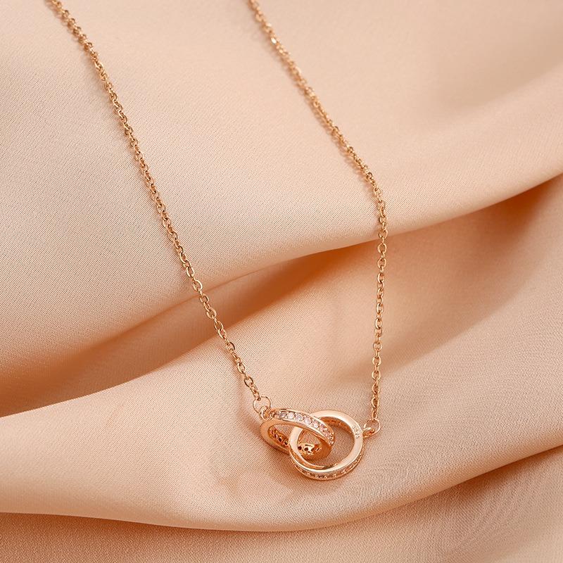 Korean Style Double Ring Full Diamond Titanium Steel Necklace Women Clavicle Chain