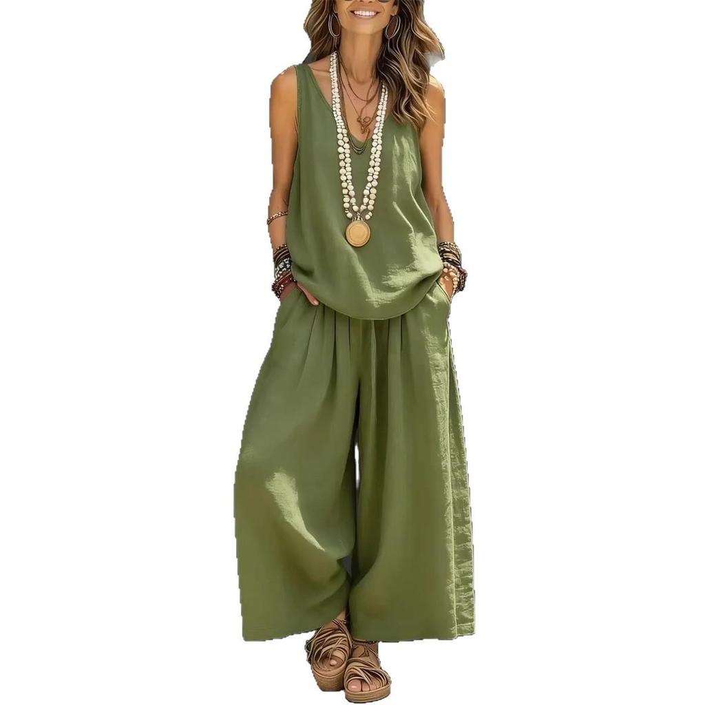 Solid Color Women's V-Neck Sleeveless Vest & Two-Piece Set for Cross-Border E-commerce.