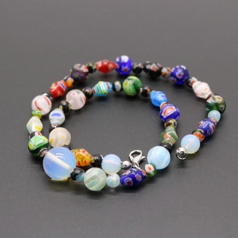 Muranos Style Blown Glass Beaded Necklace for Women Colorful Opal Beads Collarbone Chain Unique Handmade Neck Jewelry