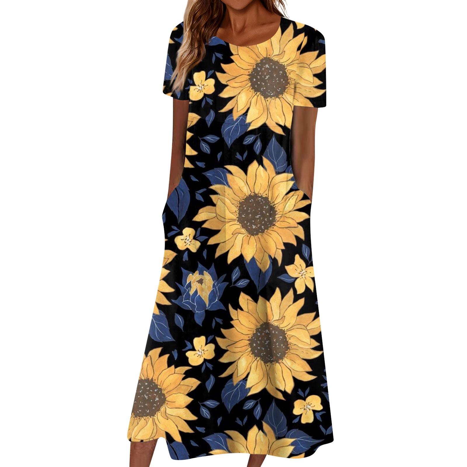 

Летнее платье для женщин, повседневное пляжное свободное платье с v-образным вырезом и короткими рукавами с принтом XL жёлтый