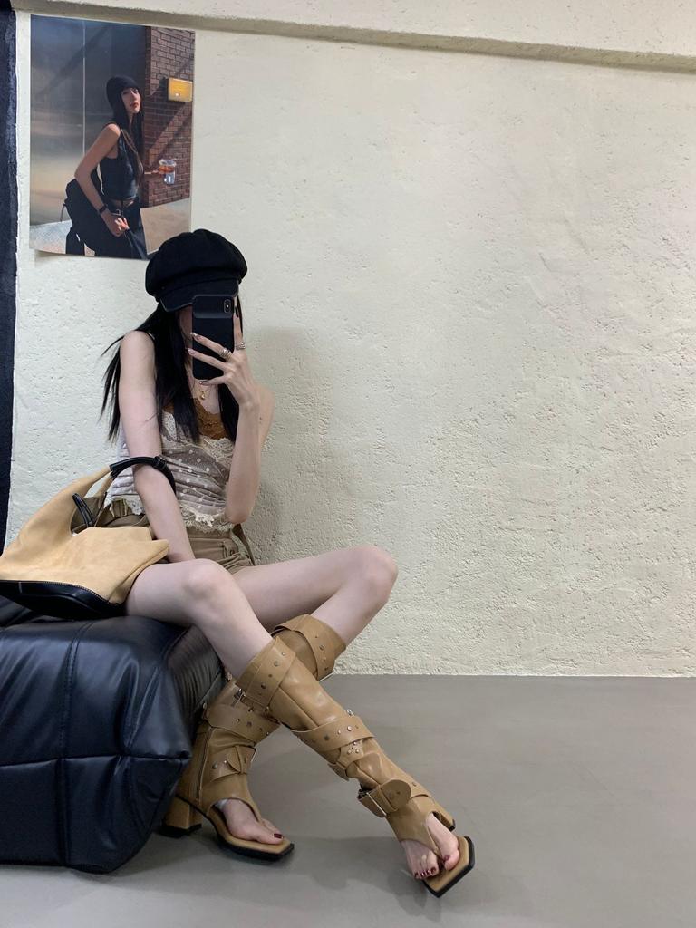 2025 Summer New Spice Girl Fried Street Toe Herringbone Cool Boots Women's Thick Heel Diagonal Long Boots Trouser Boots Western Boots